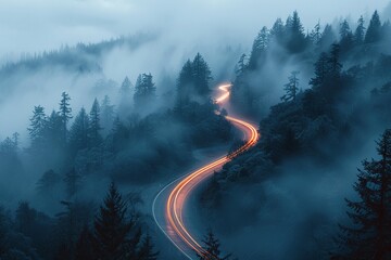 Car lights tracing paths on a fogcovered mountain road, surrounded by pine trees at dusk, long exposure to show light movement