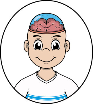 Un ni&ntilde;o con cr&aacute;neo de cristal por el cual se puede ver el cerebro, ilustraci&oacute;n para clases de biologia para ni&ntilde;os.