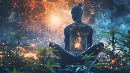 Relaxation and Wellness Personified: A Therapeutic Halo of CBD Molecules and the Healing Power of THC - obrazy, fototapety, plakaty