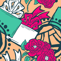 Gift box, ribbon and flowers seamless pattern for wrapping present with bow, party celebration, sale promotion, Textile print, fabric design, banner background. Hand drawn illustration cartoon style.