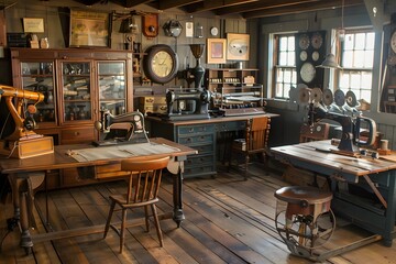 Old room interior with elegant sewing equipment such as needles and threads and design