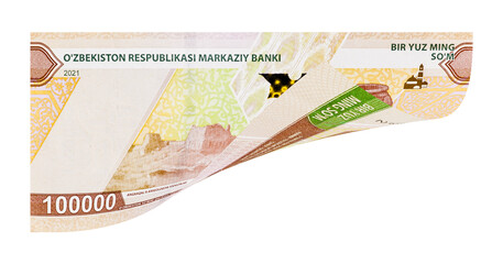 Uzbek one hundred-thousand banknote isolated on white background