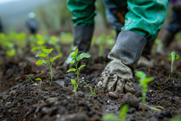 Fototapeta premium Hands Planting Young Tree in Fertile Soil.