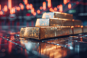 Stacks of gold bars gleam against a backdrop of glowing financial market charts, symbolizing wealth and investment stability..