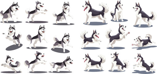 Cartoon running, sitting and jumping dogs