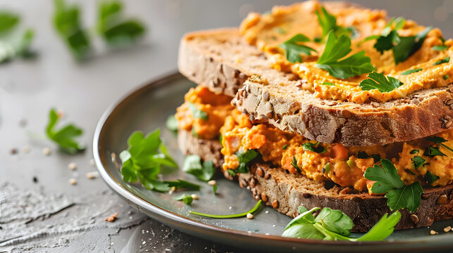 Delicious spicy sandwich of whole grain bread with fried carrots hummus garlic and cilantro Healthy breakfast Vegetarian cuisine Selective focus and copy space : Generative AI