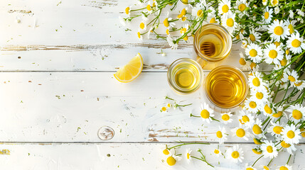 Chamomile herbal tea with flower buds honey and lemon on a white wooden table and a bouquet of chamomile Useful herbal soothing drinks and natural healer concept Immunity teaClose up C : Generative AI - obrazy, fototapety, plakaty