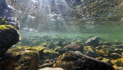 Unterwasseraufnahme vom Grund eines Flusses in dem die Lichtstrahlen der Sonne in Wasser fallen
