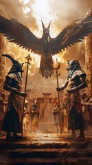 A digital painting depicting a scene from ancient Egypt with gods Anubis, Horus, and Ra presiding over a temple ceremony. Pharaohs and priests gather before hieroglyph-covered walls, creating a mystic