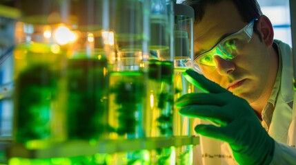 A scientist carefully adjusting equipment in a lab working to perfect a new od of using algae to create biofuels. . - obrazy, fototapety, plakaty