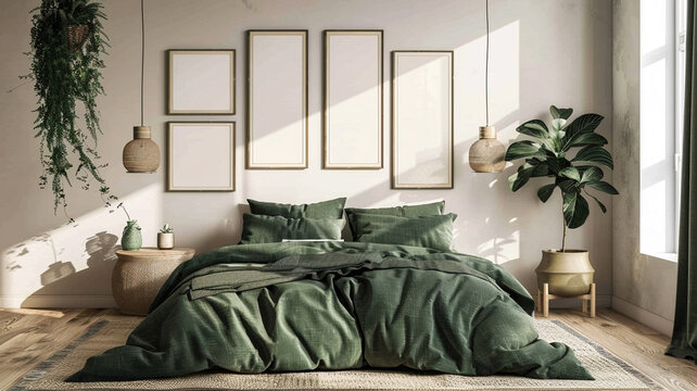 Modern bedroom interior with green bed linen and wooden accessories. - empty picture frames on wall above bed.
