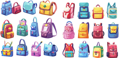 Cartoon elementary school accessories in colorful backpacks with pockets and zips