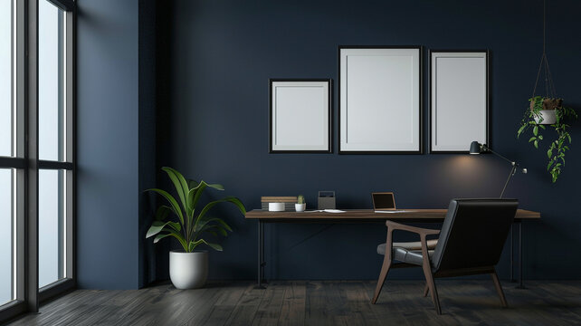 modern office with dark wall with blank poster frame