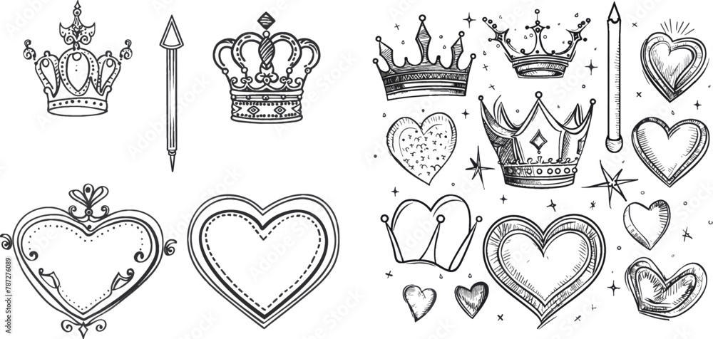 Poster decorative hand drawn shapes. outline crown, doodle pointer and heart frame