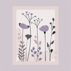 A minimalist drawing of purple flowers and plants on a beige background.