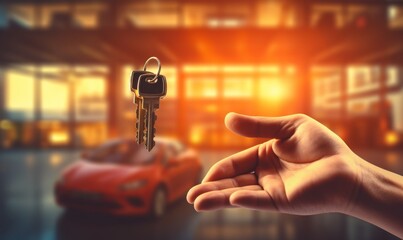 Hand holding car key in front of sleek red sports car