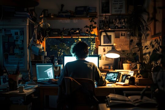 In the back, a man who working room late into the night with dedication and passion.