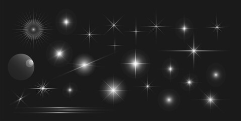 Set of shining stars. Magic elements for decoration, shining stars, night sky. Vector element. Light effect set, lens flare, explosion, glitter, dust, line, sun flash, spark and stars, spotlight