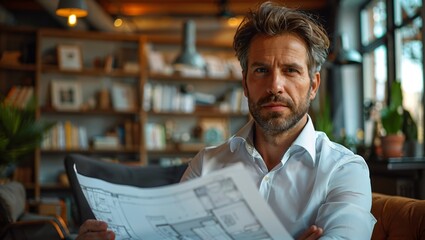 Successful real estate agent with architectural blueprints