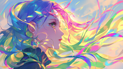 beautiful cute anime girl, flowing hair neon rainbow colors highlights. 2d anime backgrounds
