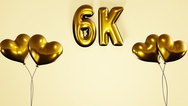 6k , 6000 followers subscribers likes celebration background with golden heart shaped helium air balloons and balloon texts on pink background 8k illustration.