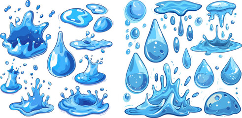 Cartoon blue dripping water drops, splashes, sprays and tears