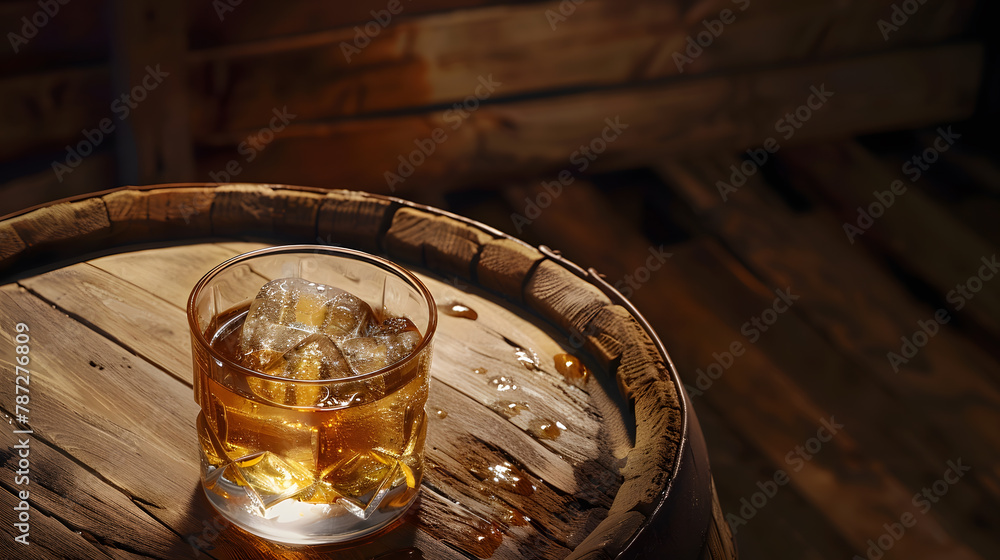 Poster glass of whiskey with ice cubes on the old barrel with copy space on wooden background : generative 