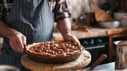 Man setting table with Ready-to-serve homemadee Pecan Pie in a brown ceramic plate in kitchen
