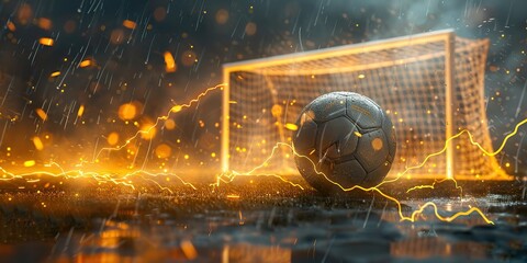 a soccer ball and a goal against a background of flashing lightning