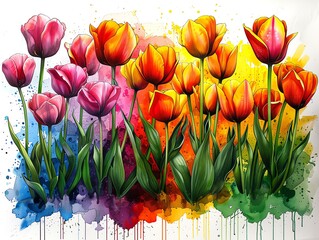 Tulips in shades of pink, red, and orange, each bloom captured in clipart for a warm