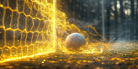 a soccer ball and a goal against a background of flashing lightning - obrazy, fototapety, plakaty