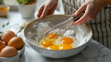 A woman is beating eggs in a bowl at a table indoors, close-up