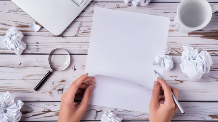 Hands Of Woman Having Blank Sheet With Copy Space Magnifying Glass Pencil Coffee Cup And Crumpled Papers Over Wood Businesswoman Showing New Ideas And Strategies : Generative AI