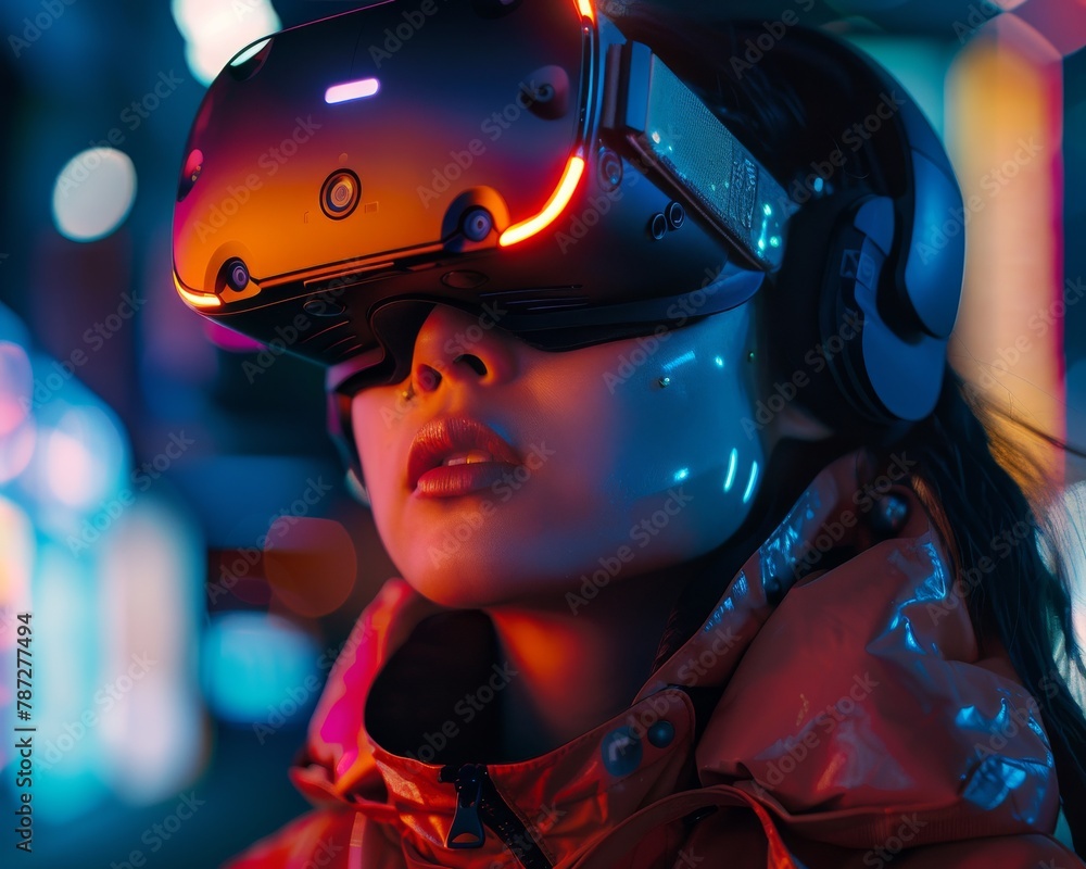 Poster illuminated by the glow of vr, a gamer's focused expression showcases a deep dive into augmented rea