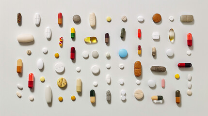 An assortment of medicines and pills neatly arranged on a simple white background, each capsule and tablet.
