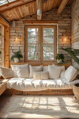 Relaxation area with wooden sofa with white textile pillows on the veranda with indoor plants