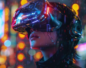 A focused gamer, expression illuminated by the glow from VR interaction, delves deeply into augmented reality.