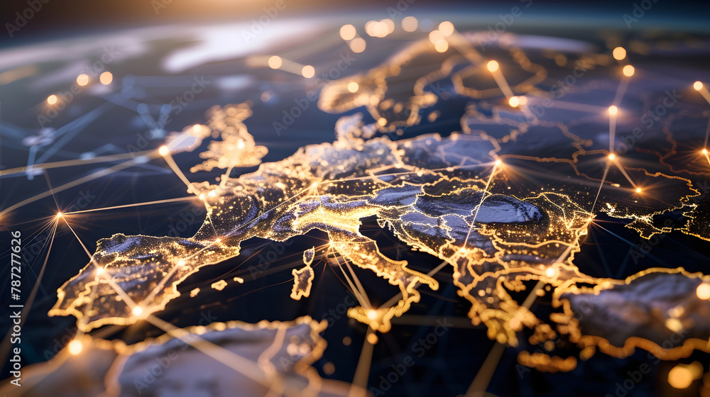 Poster Communication technology with global internet network connected in Europe Telecommunication and data transfer european connection links IoT finance business blockchain security : Generative AI