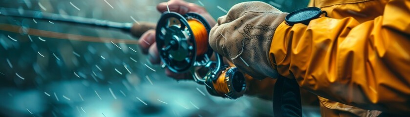 Raindrops splash as a fisherman expertly controls a fly fishing reel, his hands clad in a yellow waterproof jacket.