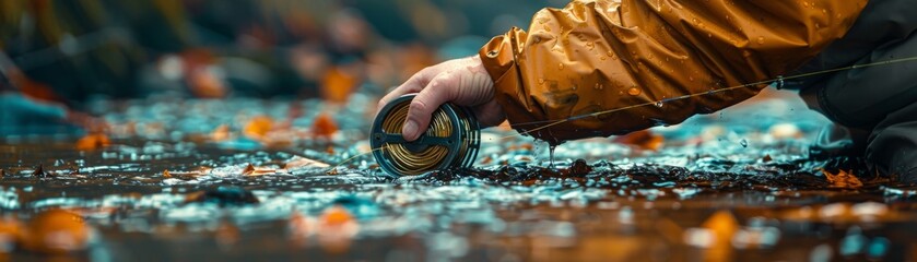 Close-up of a fisherman's hands expertly handling a fly fishing reel in the rain, clad in a waterproof yellow jacket.