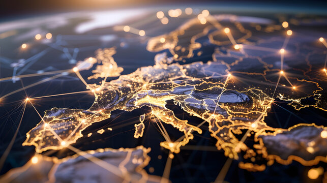 Communication technology with global internet network connected in Europe Telecommunication and data transfer european connection links IoT finance business blockchain security : Generative AI