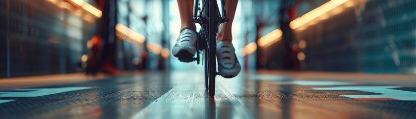 A close-up view showcasing the leg muscles of a cyclist during a vigorous indoor training session, highlighting athletic dedication. - obrazy, fototapety, plakaty