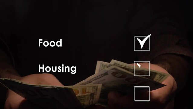 A list of priorities in life with marks for completion or planning against the background of a person counting dollar bills and drawing up a budget. Cg
