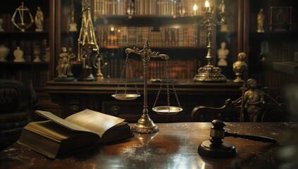 A photo of an old wooden gavel and scale on a desk. Generate AI image - obrazy, fototapety, plakaty