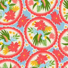 Tropical Seamless Pattern with flowers, arara, tucano, palms, leaves, colorful, brazilian style, 