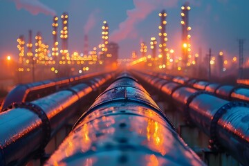 A large industrial area with many pipes and lights at night time with a city in the background a