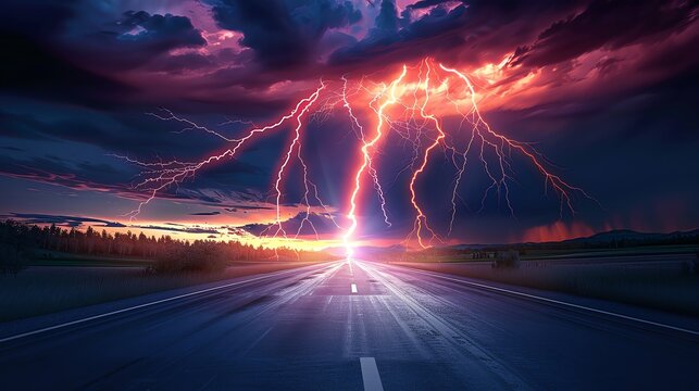 Dynamic image of a lightning road, electrifying scene, dramatic skies, 