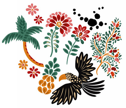 Tropical set elements seamless pattern with flowers, arara, tucanos, palm, pineapple