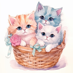 Three kitten in basket with flowers, water color style
