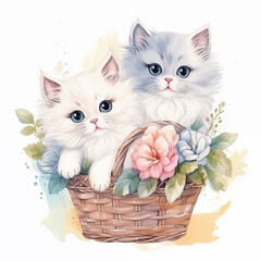 Two kitten in basket with flowers, water color style
